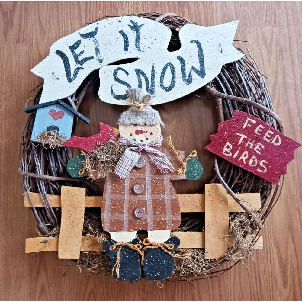 Vtg Hand Made Rustic Snowman Grapevine Wreath 